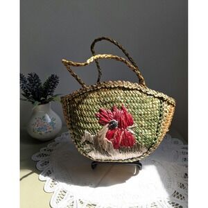 Vintage Woven Straw Chicken Basket Purse, Rooster Handwoven Market Bag